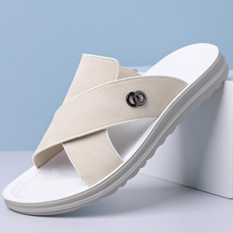 Men Leather Slide Sandals Large Size Summer Beach Home Outdoor Slip On Comfort Walking Travel Footwear Daily Easy Wear Lightweight