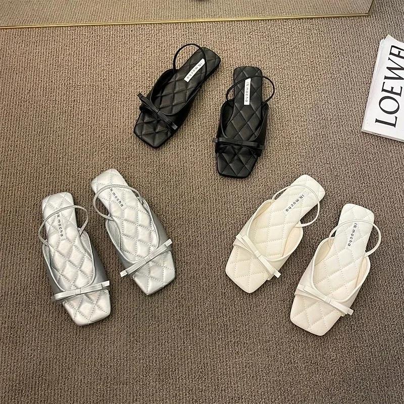 Распродажа модной женской обуви 2024 года, новые женские тапочки с открытым носком, летние повседневные сандалии, женские туфли на плоской подошве с завязками-бабочками и квадратным носком