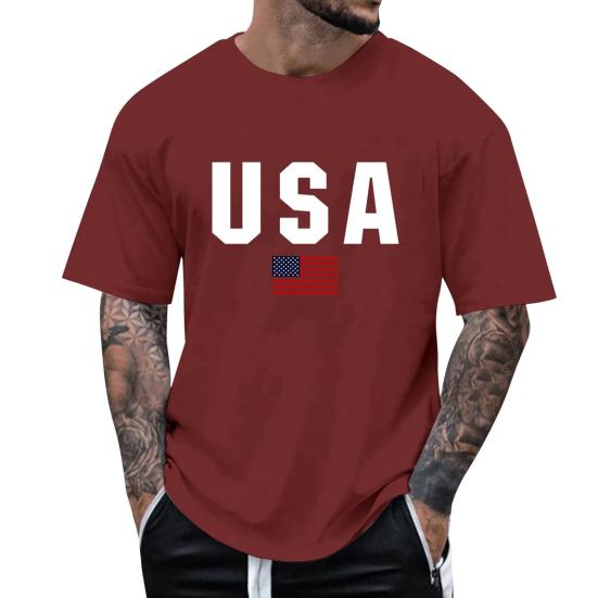 Men T-shirt Round Neck Short Sleeve Slim Fit Tee Shirt USA Pattern Versatile Tee Tops Running Fitness Tops Daily Wear
