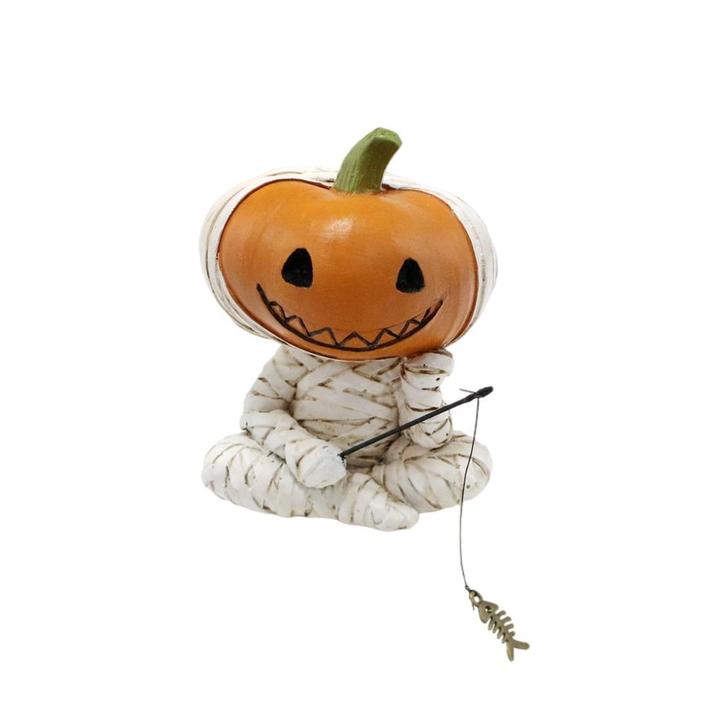 Cartoon Pumpkin Scarecrow Fishing Statue Resin Miniatures Figurine Pumpkin Elf Sculpture Balcony