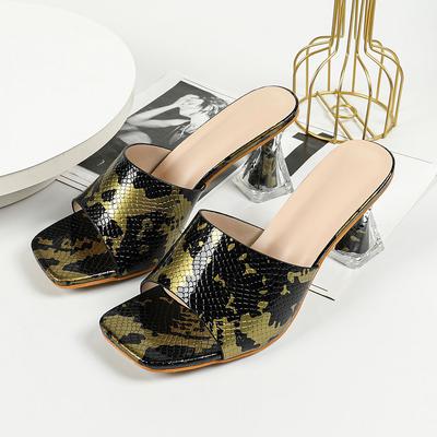 Летние модные леопардовые туфли на толстом каблуке с прозрачным носком, повседневные женские босоножки на высоком каблуке с квадратным носком