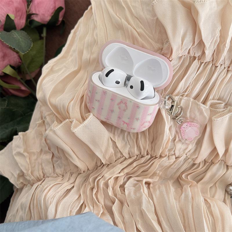 Розовый кролик в полоску с цветами для защитного чехла AirPods Pro 1-го/2-го поколения Apple Bluetooth-гарнитуры AirPod