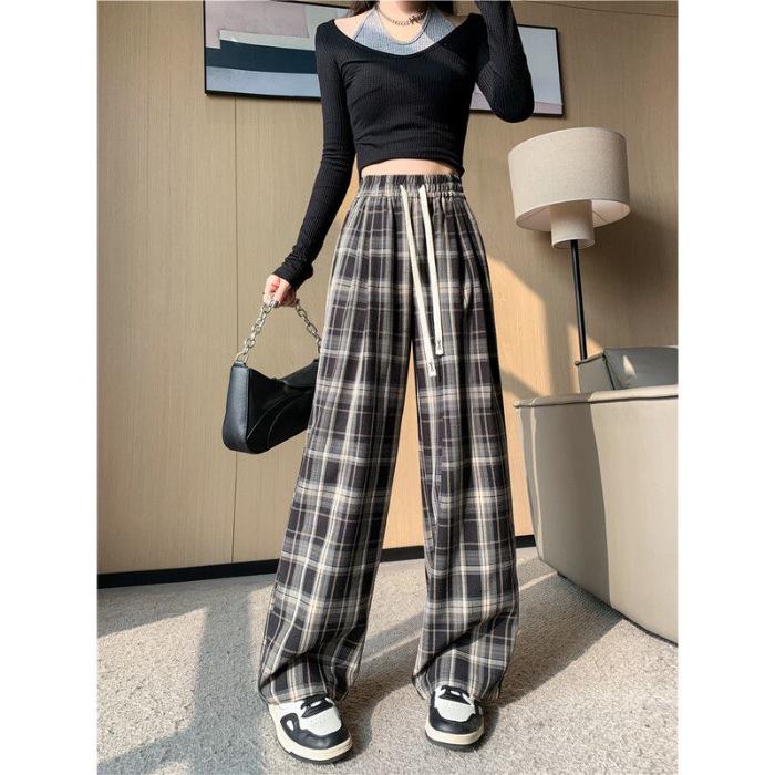 Женские клетчатые брюки в стиле ретро с высокой талией и широкими штанинами — весна/лето 2024 г. в корейском стиле со шнуровкой