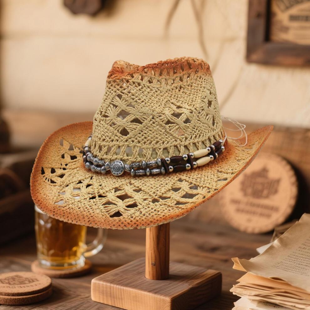 (L, Yellow) Cowgirl Hats for Women Men Outdoor Western Hat Wide Brim Straw Sun Hat with Beaded Ropes