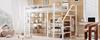 Loft bed 140*200cm, three-tier storage shelf, desk, wardrobe, safety steps with storage compartment, high fence design, iron bed, single bed, white