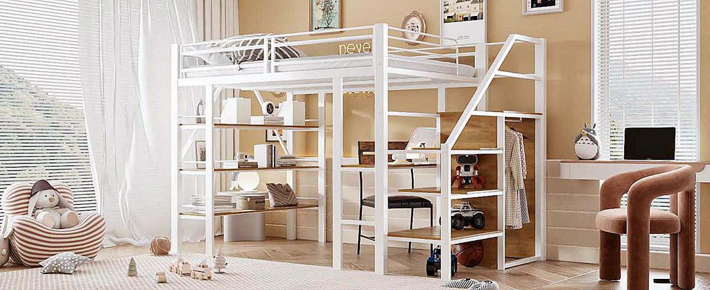 Loft bed 140*200cm, three-tier storage shelf, desk, wardrobe, safety steps with storage compartment, high fence design, iron bed, single bed, white