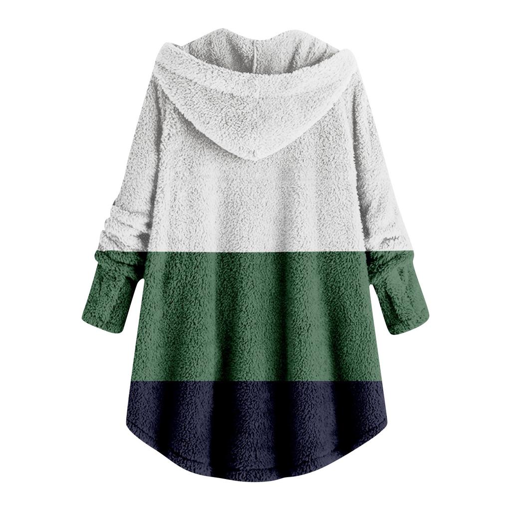 Women Plus Size Button Plush Tops Hooded Patchwork Loose Cardigan Wool Coat Winter Jacket