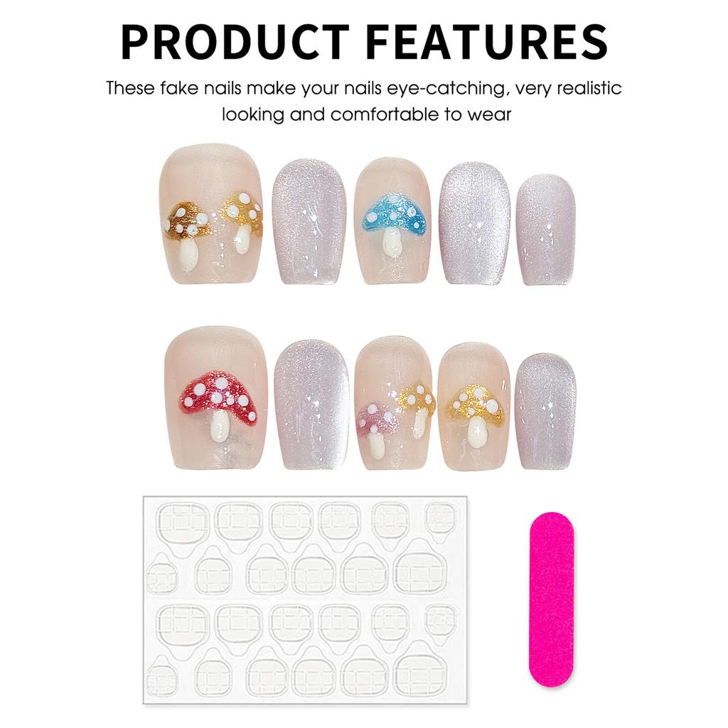 French Cat Nail Tips Mushroom Design Short Length Press On Nails Summer Use