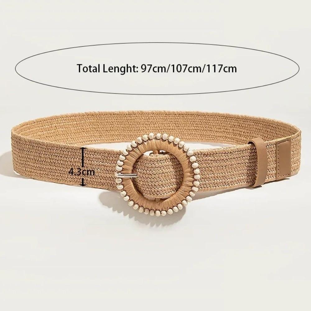 Модный круглый пояс-пряжка Boho соломенный поясной ремень Богемный плетеный ремень Эллиптическая пряжка Декор из бусин Женский ремень для пляжного отдыха