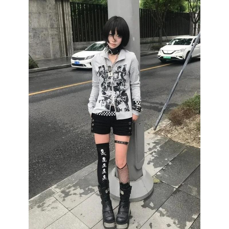 Y2k Harajuku толстовки женские американский ретро панк уличная одежда хип-хоп граффити принт молния толстовка осень