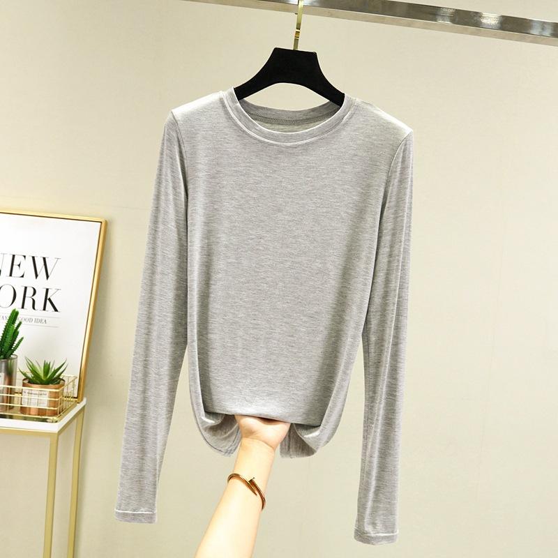Модальная однотонная базовая футболка с круглым вырезом и длинными рукавами, женские осенние футболки, универсальные футболки, майка больших размеров