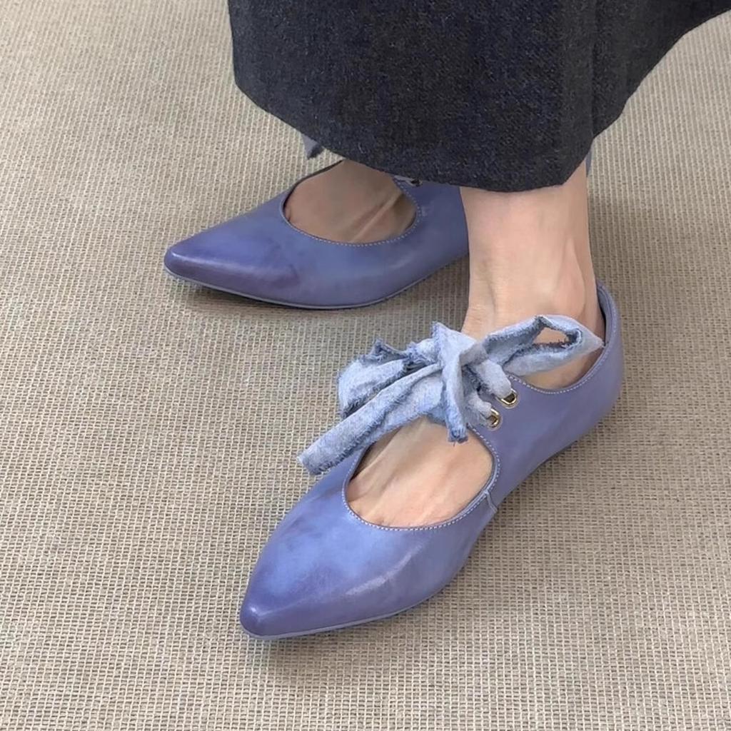 Версия из коровьей кожи ~ остроконечные литературные и художественные балетки на шнуровке для женщин, легкие роскошные туфли Мэри Джейн с бантом и неглубоким горлом