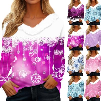 Женская рождественская рубашка с длинным рукавом и принтом снежинок, повседневные свободные футболки с V-образным вырезом