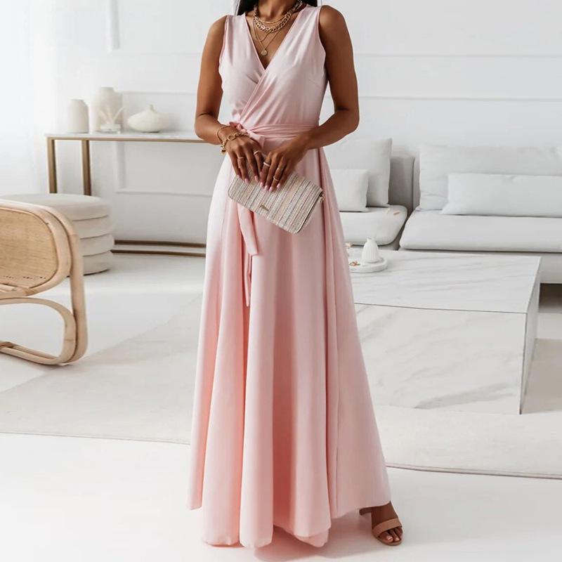 2025 Летнее Вечернее Длинное Платье на Шнуровке Однотонное с V-образным Вырезом