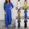 Women's V-Neck Long-Sleeve Slit Top with Wide-Leg Pants - Summer Solid Color Set