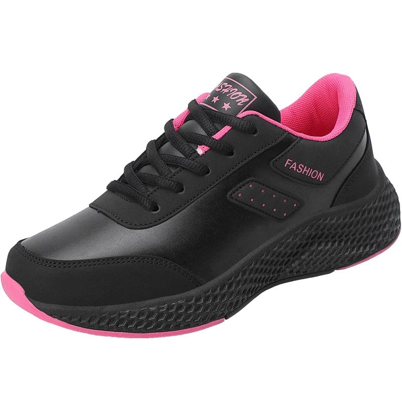 Fashion 2025 Women's Leather Sneakers Casual Sneakers Lace Up Flats Lightweight Comfortable Black Anti-slip Running Shoes Outdoor Sports