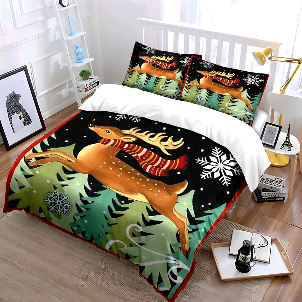 Christmas Reindeer with Scarf Bedding Duvet Cover Set Duvet Cover Pillowcases (1*Duvet Cover 2*Pillowcases, without duvet insert)