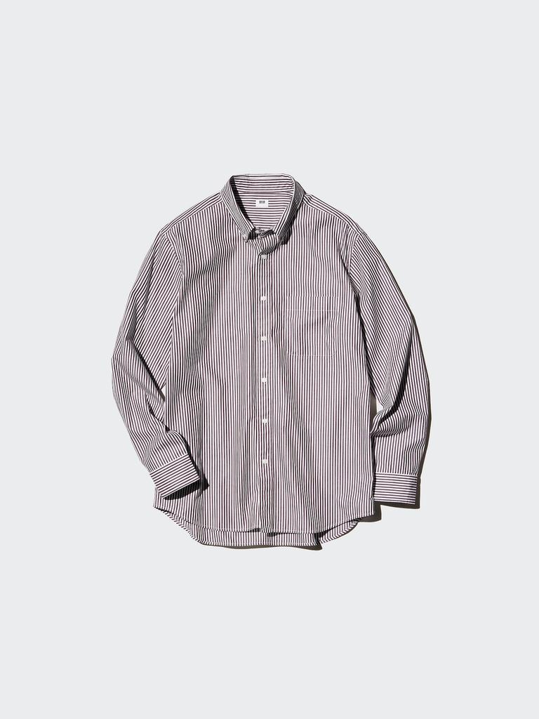Uniqlo Рубашка BroAdcloth с длинным рукавом и воротником-стойкой в полоску A