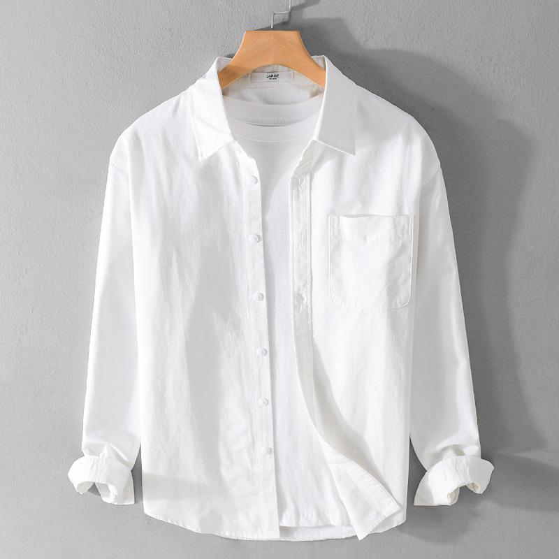 Весна и лето 100% хлопок рубашки с длинным рукавом для мужчин повседневные топы с воротником-лацканом карман однотонные мужские рубашки простой стиль одежды
