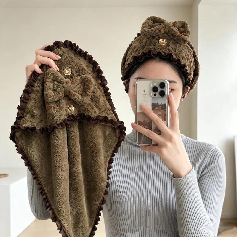Coral Fleece Bow Dry Hair Cap Super Absorbent Quick Drying Soft Printed Hair Towel Wrap for Home Bathroom Spa Use