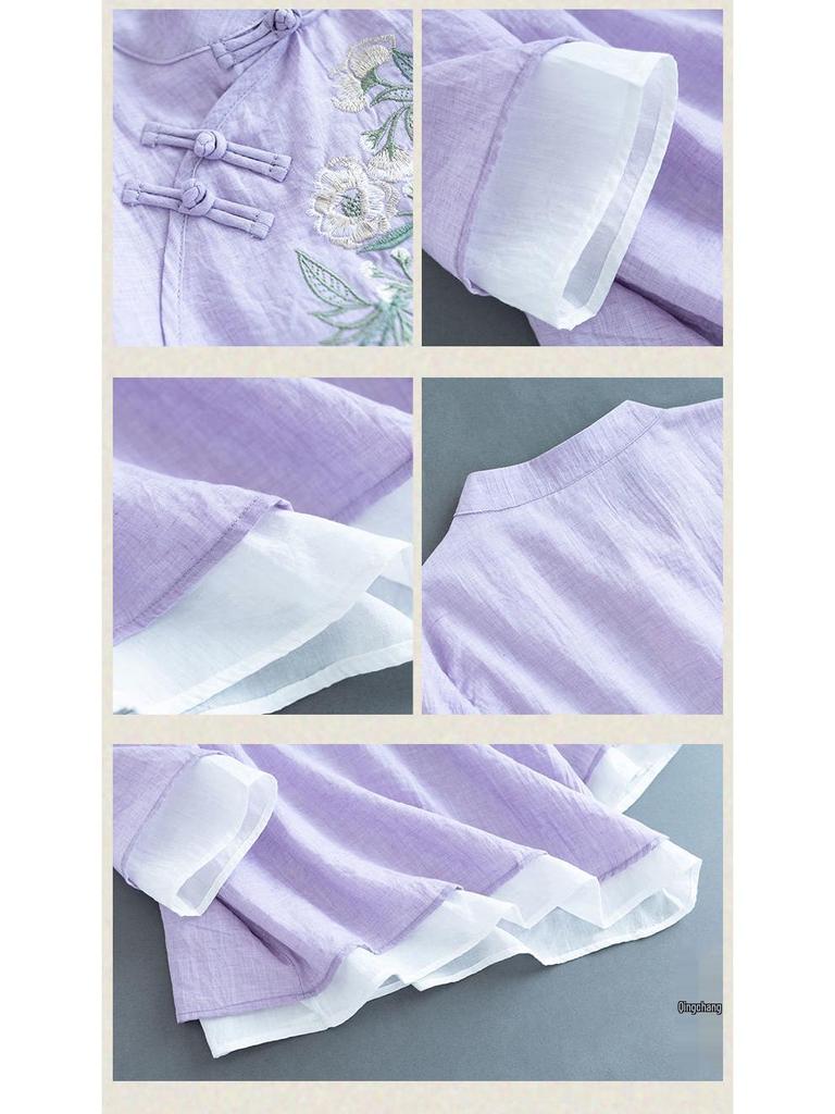 Женская ретро вышитая футболка с V-образным вырезом из хлопка и льна: Повседневный, Литературный Стиль для Коллекции Весна-Лето-Осень 2024