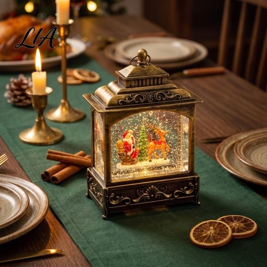 Desktop Music Box Light Christmas Snow Ball Lantern, Vintage Santa Claus/Tree/Reindeer Water Swirling Lantern Holiday Night for Window Entryway