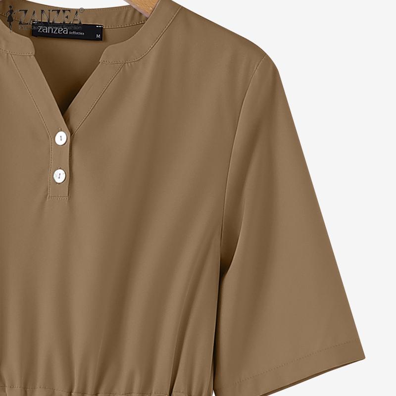 ZANZEA Women Casual V-Neck Half Sleeve Solid Color Loose Long Dress