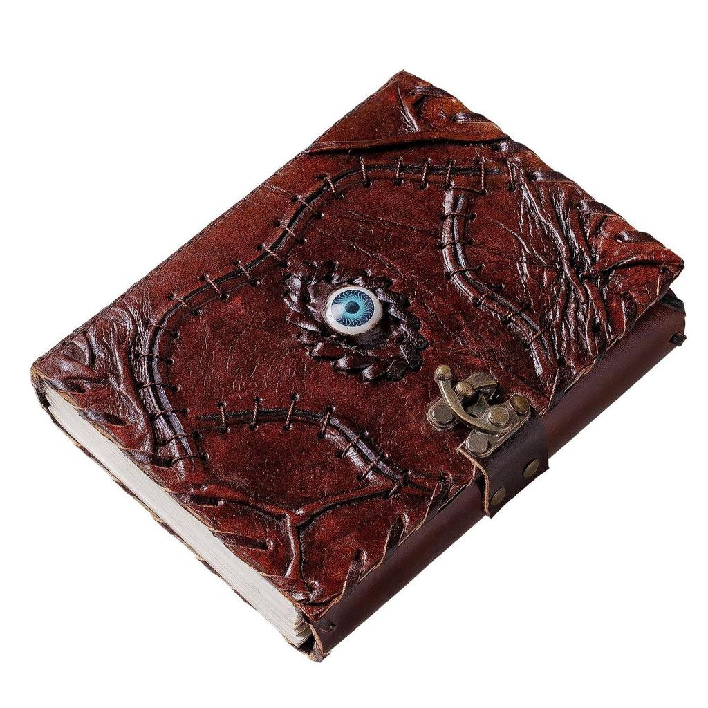 Leather Diary With Evil Eye Stone- 5×7 Inch Spells Journal with 240 Unlined Handmade Pages