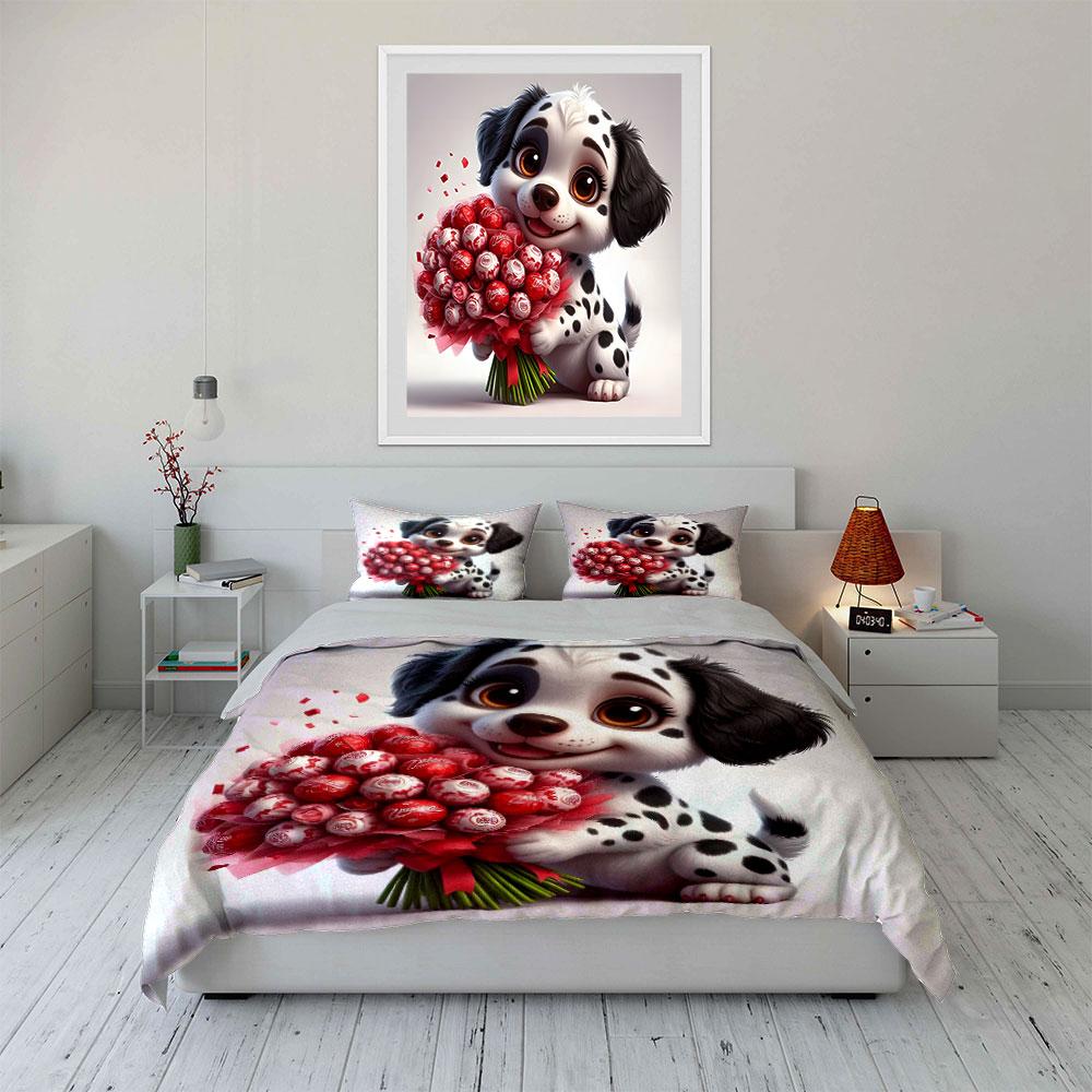 Cute Dalmatian with Candy Bouquet Bedding Duvet Cover Set (1*Duvet Cover 2*Pillowcases, without duvet insert)