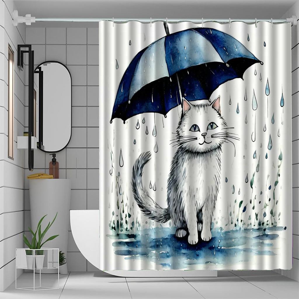 WhimsyCat Водостойкая шторка для душа, Дизайн с зонтиками, Всесезонное использование, Крючки в комплекте, Ткань с плетением, Многофункциональная