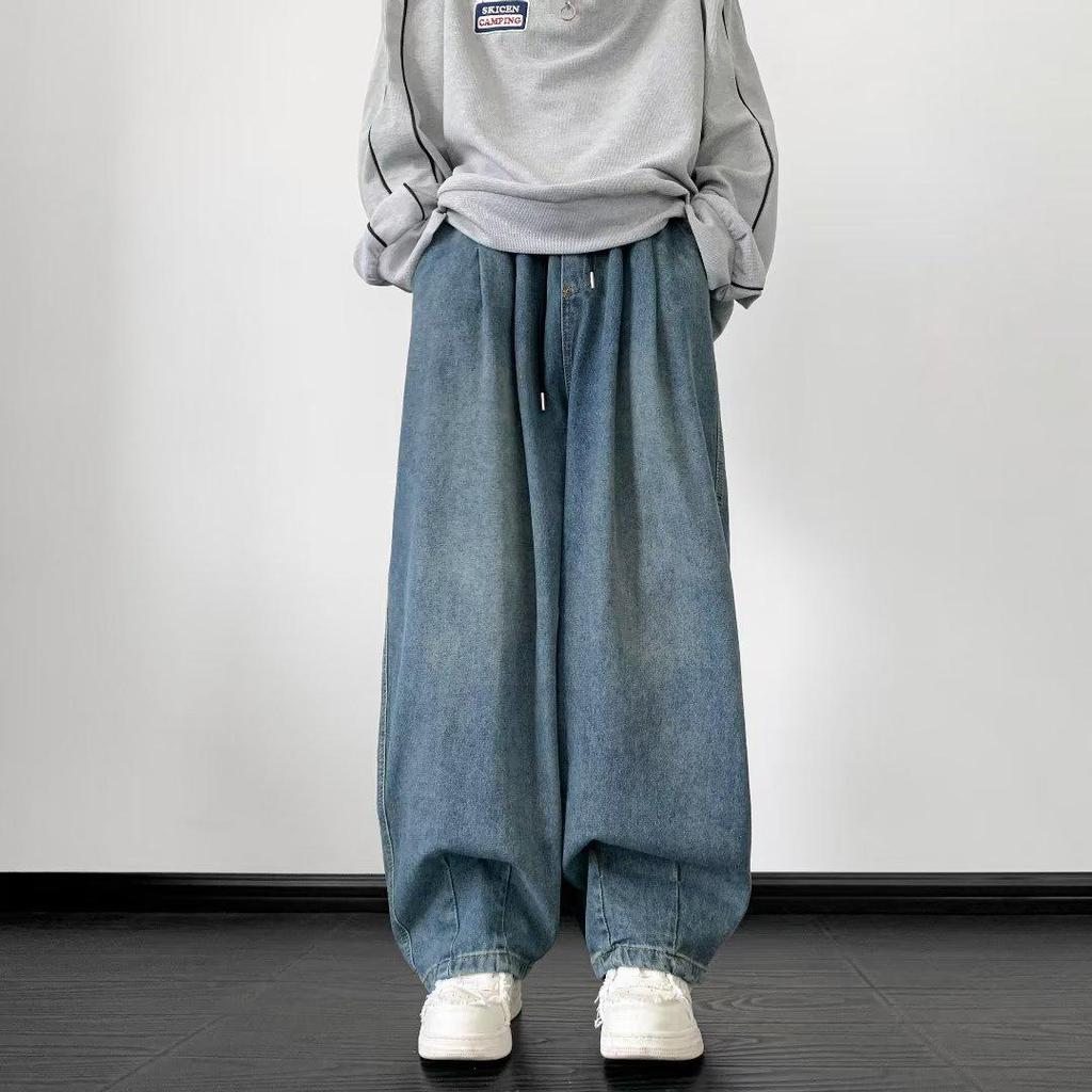 Мужские джинсы American Retro с завязками на резинке: Модные, свободные, широкие штанины, эластичный пояс, повседневные брюки в стиле High Street