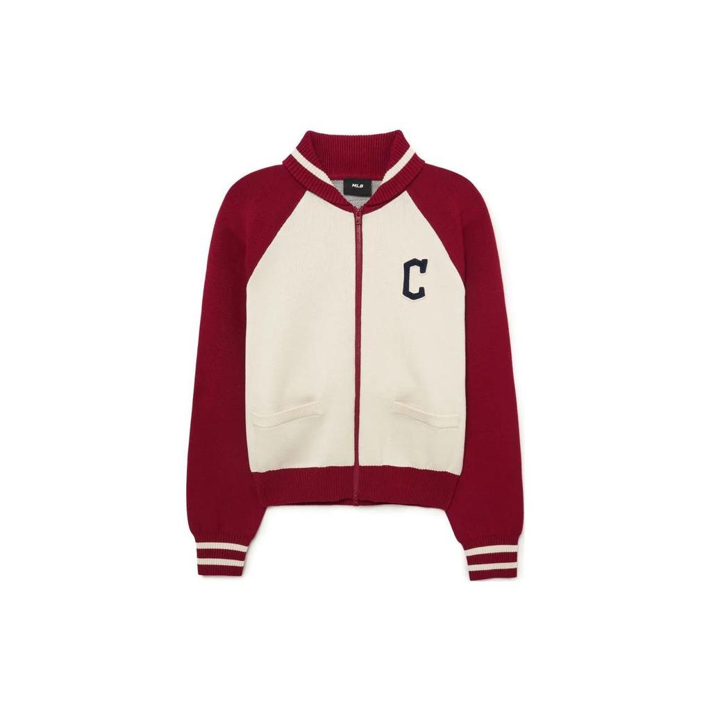 Спортивный кардиган MLB Cleveland Guardians Color Block с принтом букв, воротником-молнией, повседневный, с длинным рукавом, вязаный свитер, женский свитер 3FKCV0134-45WIS