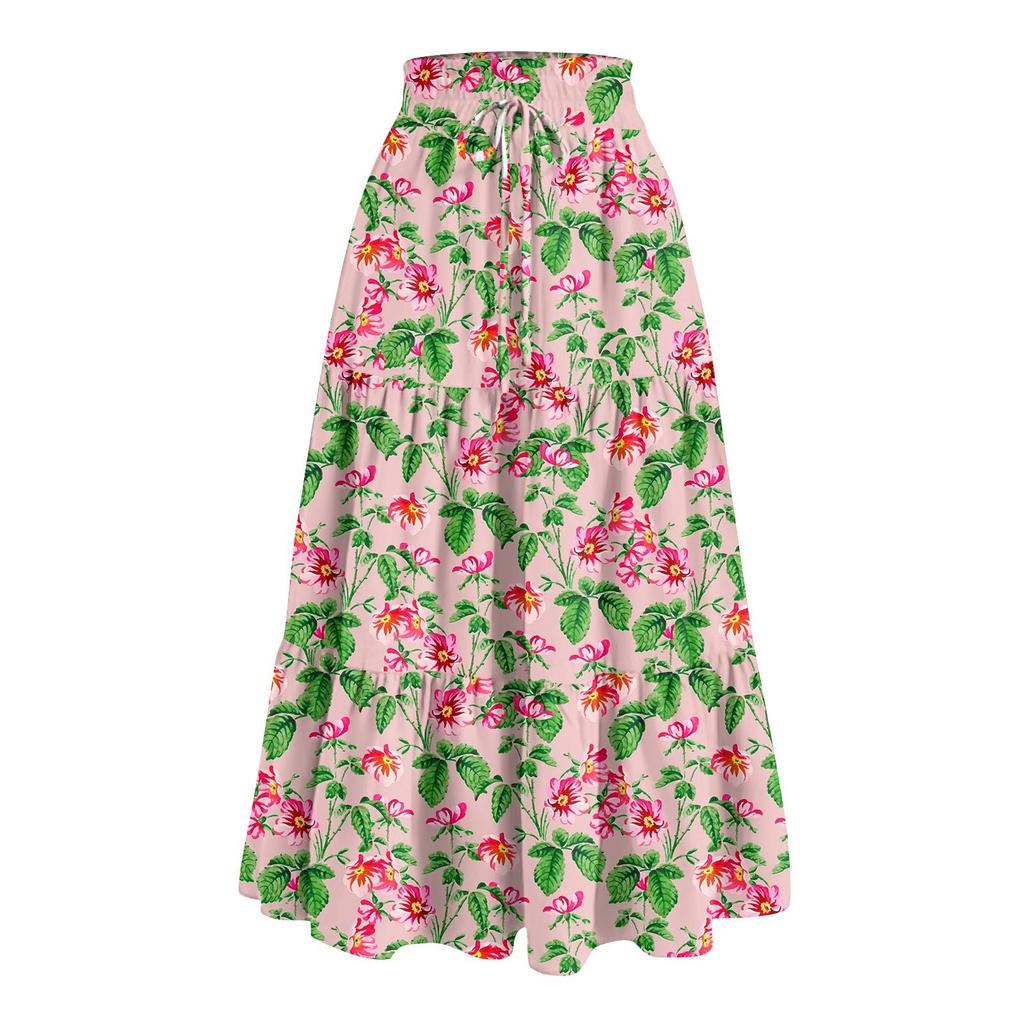 Women's Ruffled Spring Casual Long Skirt Plain Color Skirt Retro Pleated Skirt