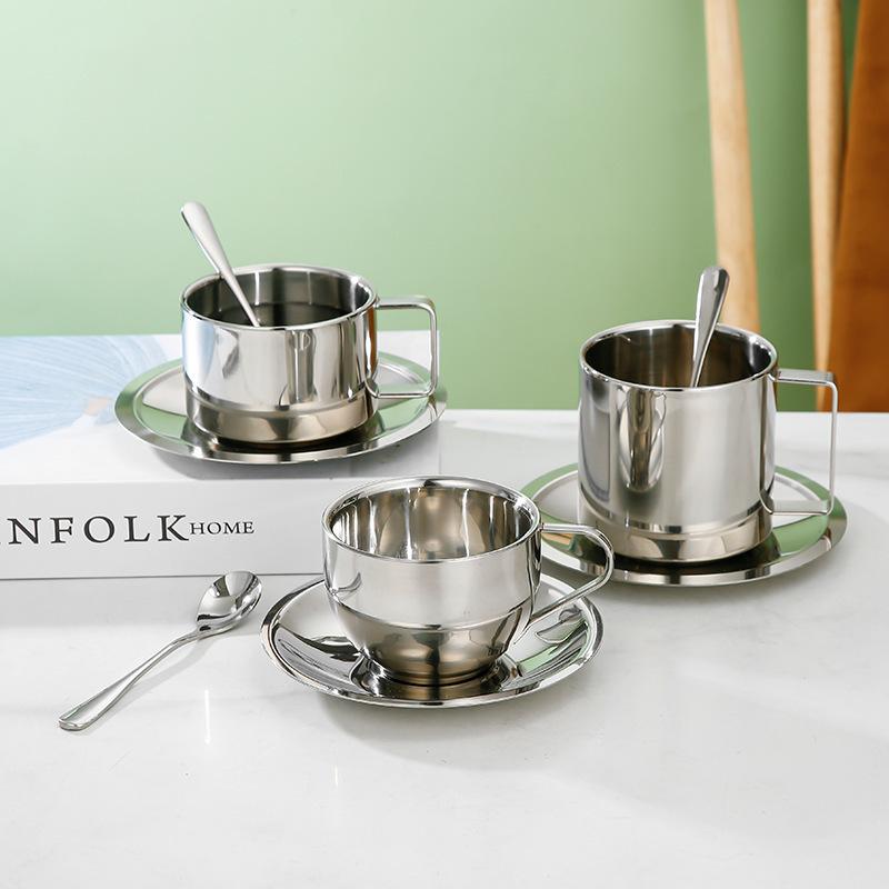 Элегантная кофейная чашка с ложкой и блюдцем, нержавеющая сталь 304, чашка для эспрессо, кружка для молока, для капучино, для послеобеденного чая, кемпинга, кафетерия