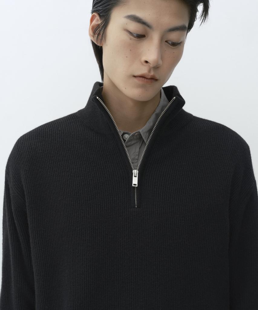 MUSINSA STANDARD [Victoria Wool] Minimal Ribbed Quarter Zip Sweater [Black]