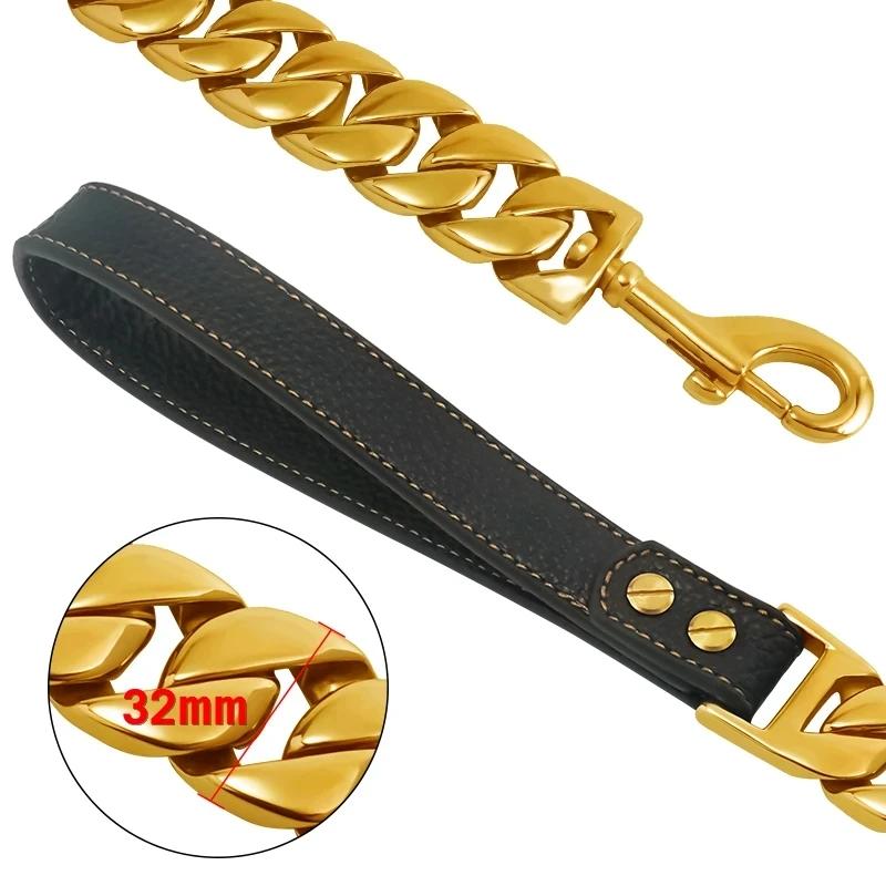 Поводок для собак из нержавеющей стали Pet Lead Traction Super Strong Gold ошейник с цепочкой 32 мм 19 мм ошейник для больших собак Bulldog Pitbull