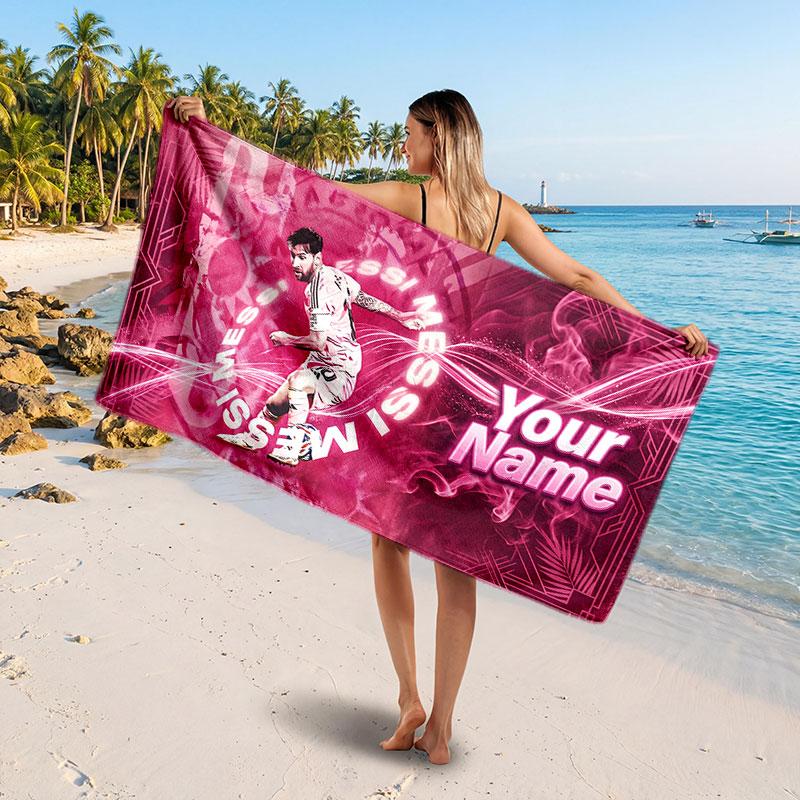 Lionel Messi Custom Beach Towel, Personalized Name Text Print, Football Logo Soft Quick‑Dry Towel Holiday Gift