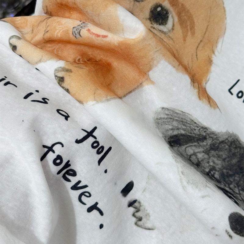 ID25 Ранняя осень Принт щенка Подвернутый край Длинный рукав Свободный пуловер