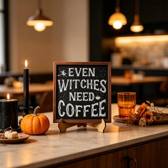 Holiday Atmosphere Home Decor Halloween Wooden Coffee Photo Frame, Retro Distressed Sign for Decorative Holder Countertop Decor, Rustic Autumn