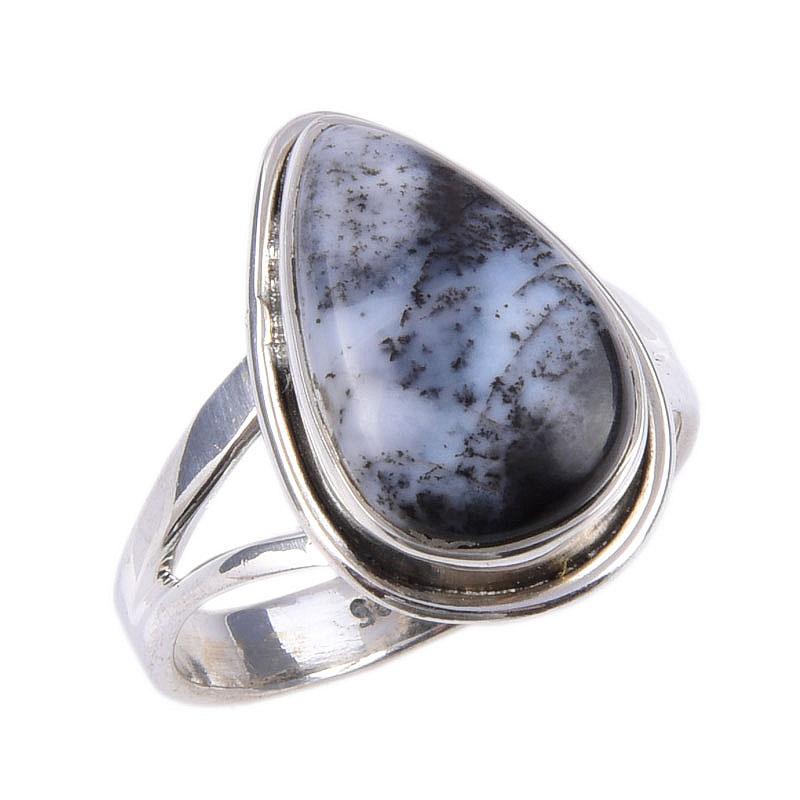 Кольцо из чистого серебра 925 пробы с натуральным опалом и дендритом ручной работы S.7 c1T76