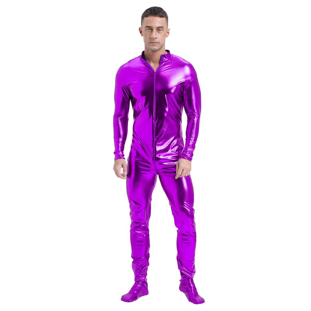 Mens Metallic Zentai Jumpsuit Full Body Tight Mock Neck Long Sleeve Club Performance Costume