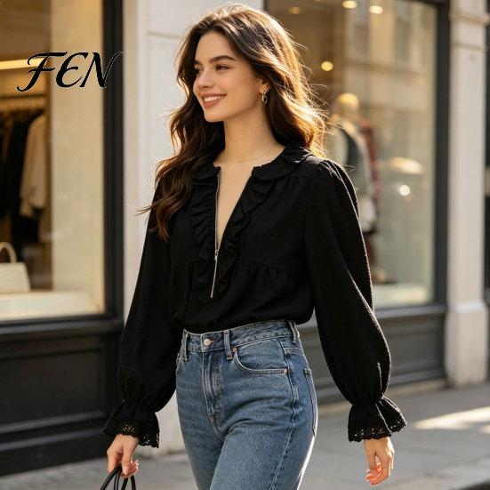 Breathable Ruffle Top Women Half Zipper V-Neck Blouse, Bohemian Long Sleeve Top, Spring Fall Tops Solid Color Loose Fit Pleated Shirt for