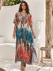 Vintage Tie-Dye Printed V-neck Turkish Robe Dress 2024 Women's Loose Kaftan Summer Bohemian Beach Swimwear Cover-ups Q1577