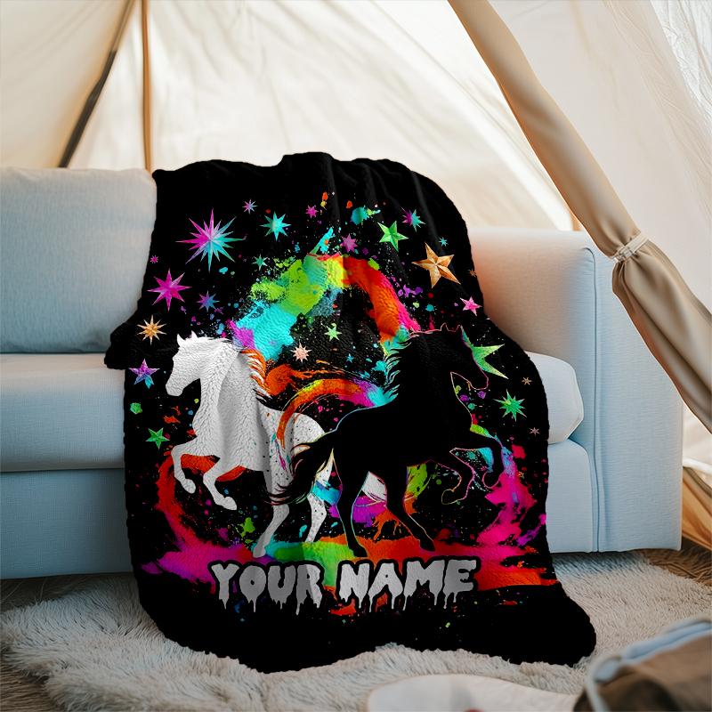 1PC Custom Name "Galactic Horse Silhouettes" flannel blanket versatile,all-season throw suitable for the living room,bedroom,camping,travel,and gift