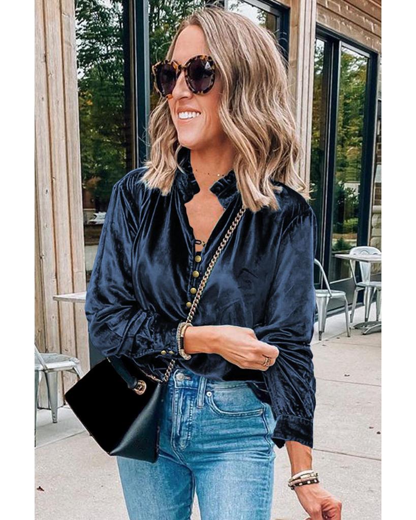 Azura Exchange Navy Blue Frilled Neck Buttoned Front Velvet Top