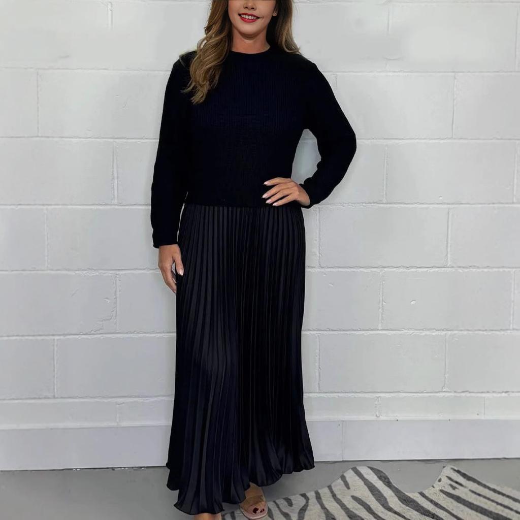 Women's Plus Size Autumn Solid Color Knitted Long Sleeve Patchwork Pleated Dress