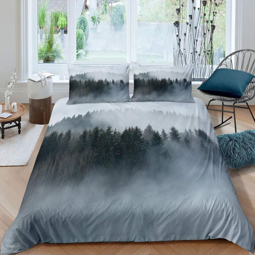 Smoky Mountain King Queen Duvet Cover Grey Fog Pine Trees Bedding Set Retro Natural Scenery Art 2/3pcs Polyester Quilt Cover