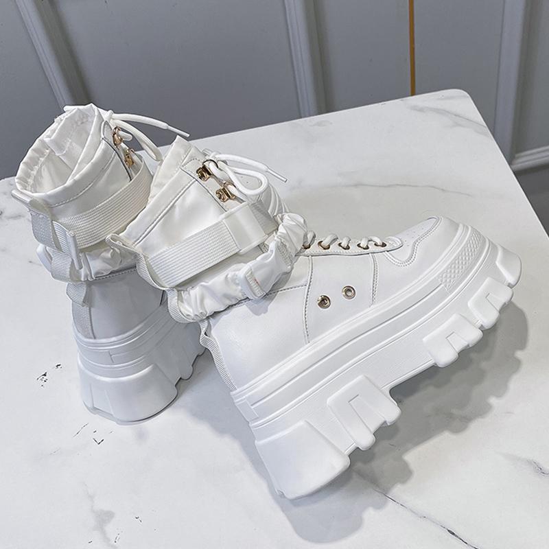 Ботильоны на толстой платформе в стиле панк, женские, черные, белые, с толстой подошвой, мотоциклетные, женские, осенне-зимние, со шнуровкой, короткие, женские