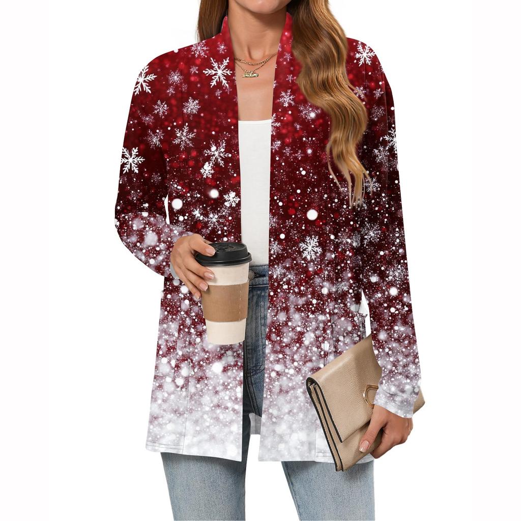 Women's Christmas Printed Lightweight Cardigan Long Sleeved Casual Loose Thin Fit With Pockets Cardigan Jacket