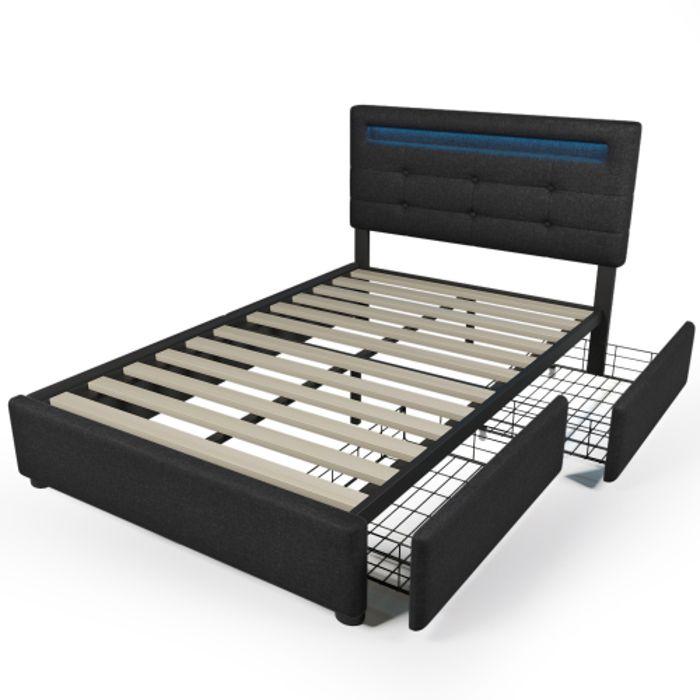 Cadre de lit - MUVOE - 90x200 cm - Noir - Éclairage LED - 2 tiroirs